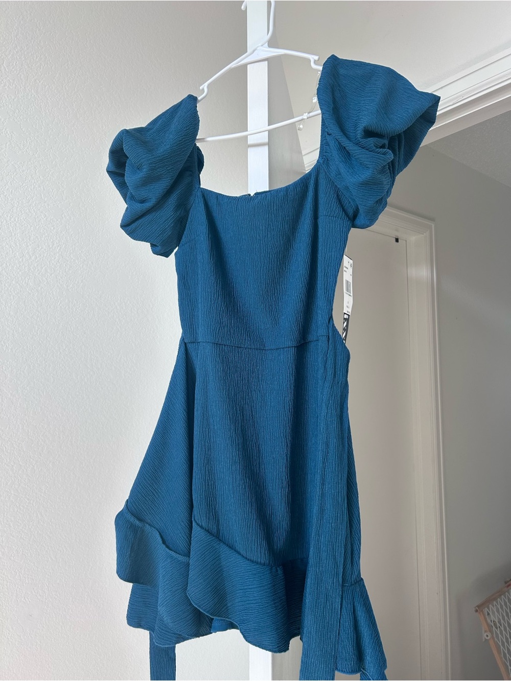 Teal Puff Sleeve Mini Dress by